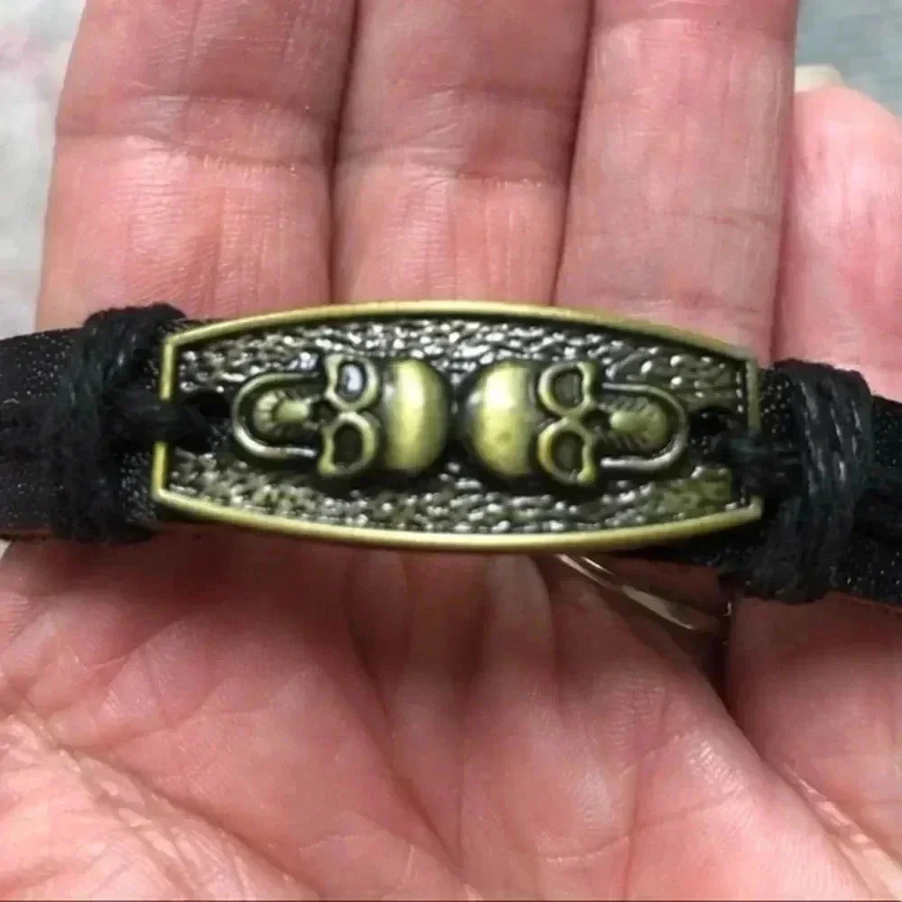 Bronze Double Skull Leather & Hemp Adjustable Bracelet A NWT